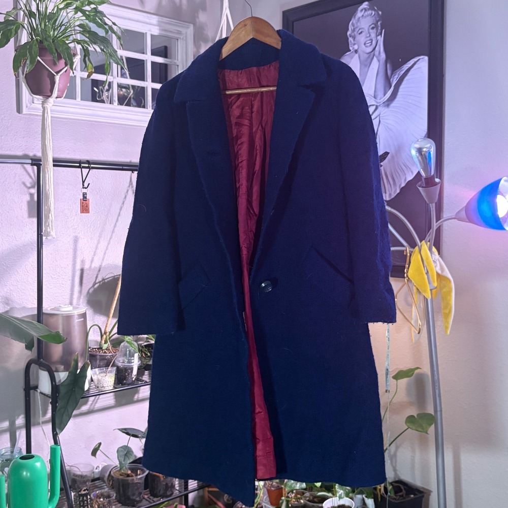 Fashion by Sears Hockanum USA Navy‎ Wool Coat Womens Vintage Red Lined Overcoat